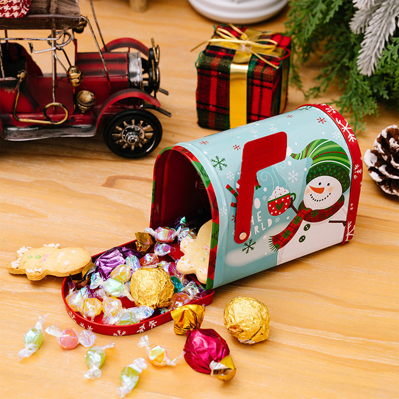 Blue Christmas storage box tin with snowmen, perfect for holiday decor and candies
