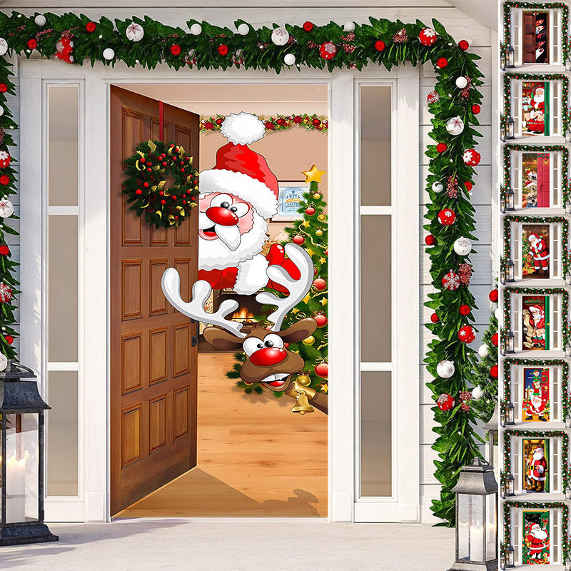 Festive Christmas outdoor fabric door cover with Santa Claus peeking, holiday decoration.