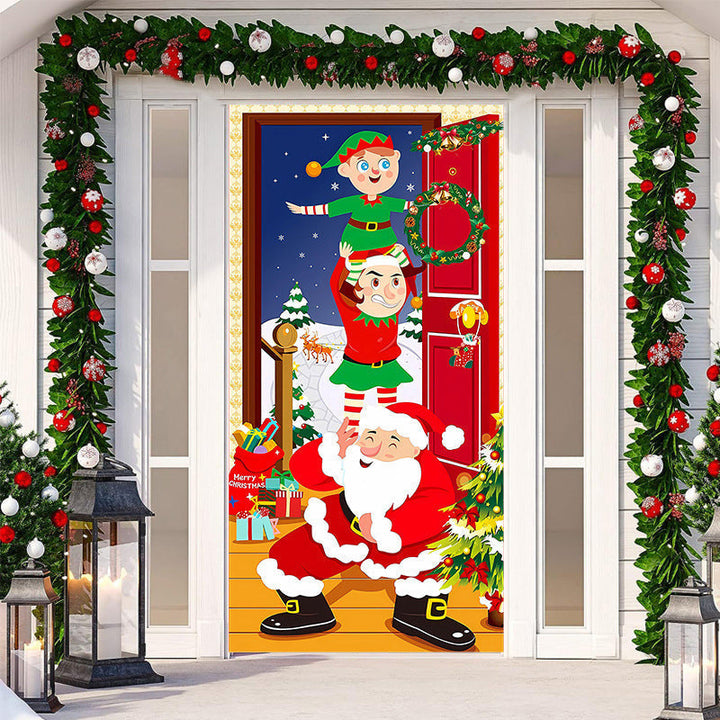 Snowy village scene outdoor door cover, cozy Christmas ambiance home decor.