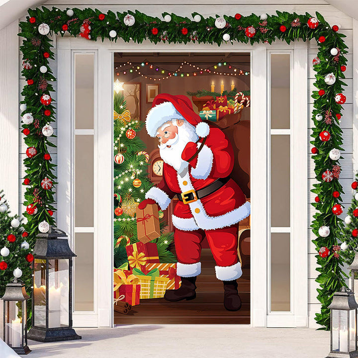 Charming reindeer design Christmas outdoor fabric door cover, popular holiday theme.