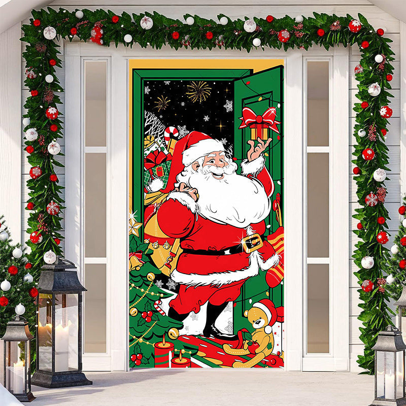 Festive snowman wearing a scarf outdoor door cover, delightful winter holiday decoration.
