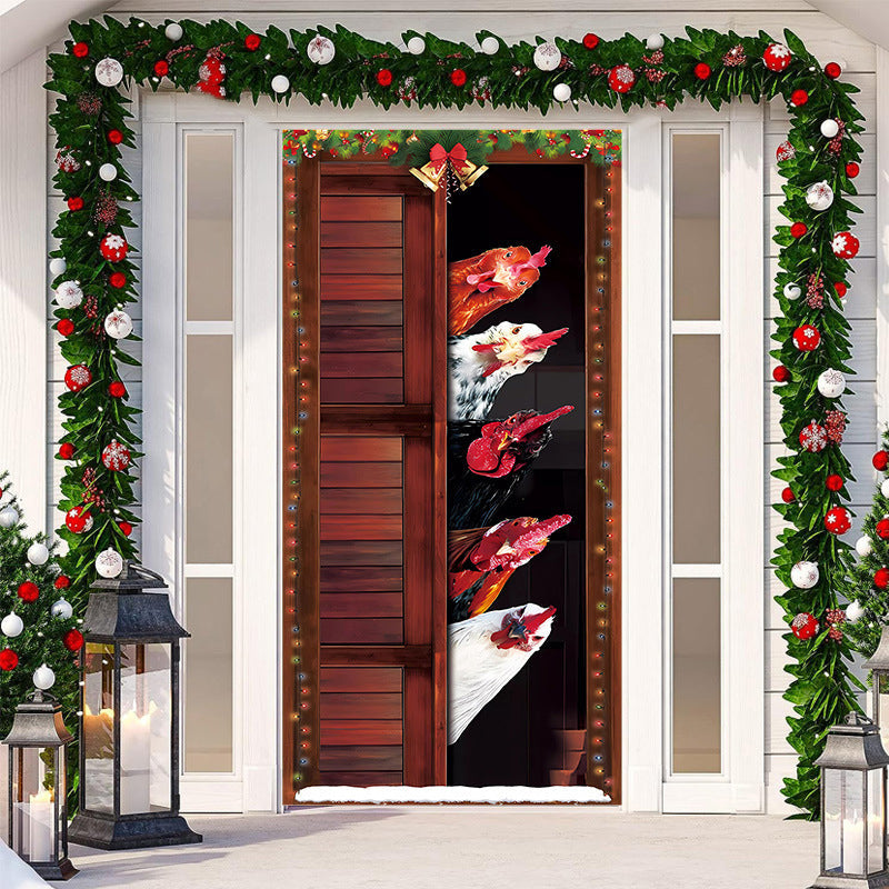 Brightly lit Christmas tree outdoor door cover, sparkling holiday decoration.