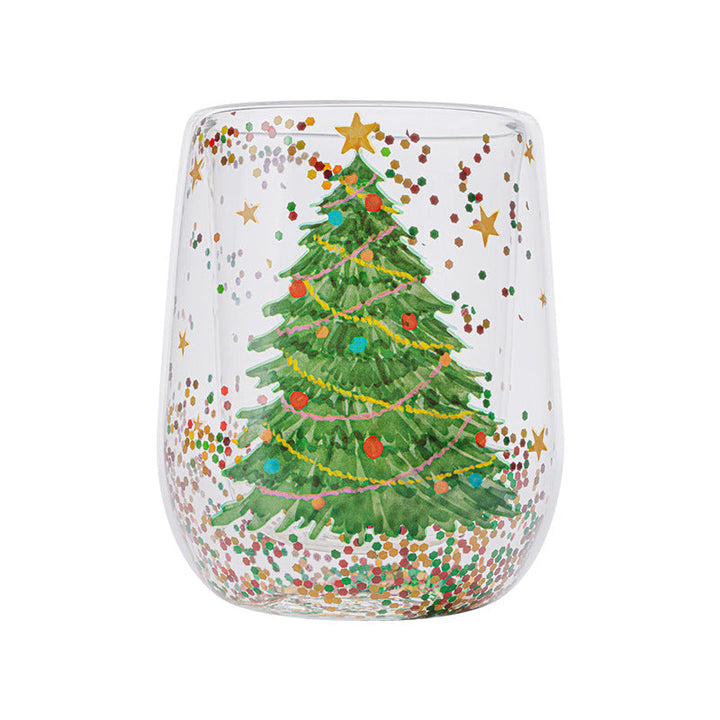 Glass tumbler with festive glitter Christmas tree design. Perfect holiday drinkware & kitchen gift.