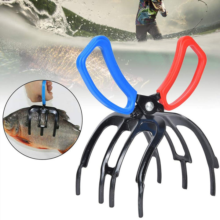 Close-up of versatile fishing pliers, showing serrated jaws and comfortable grip
