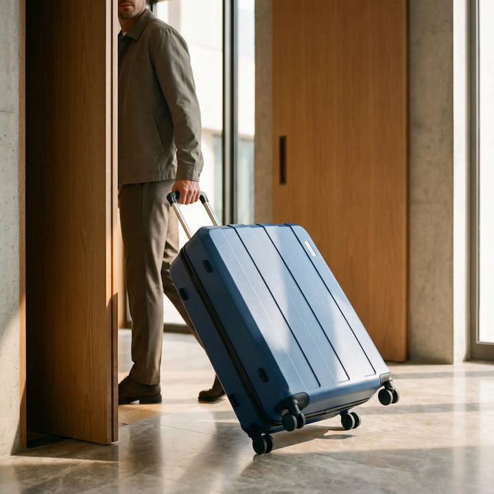 Five-piece hard shell travel luggage set with spinner wheels, ideal for family vacations & airport trips.