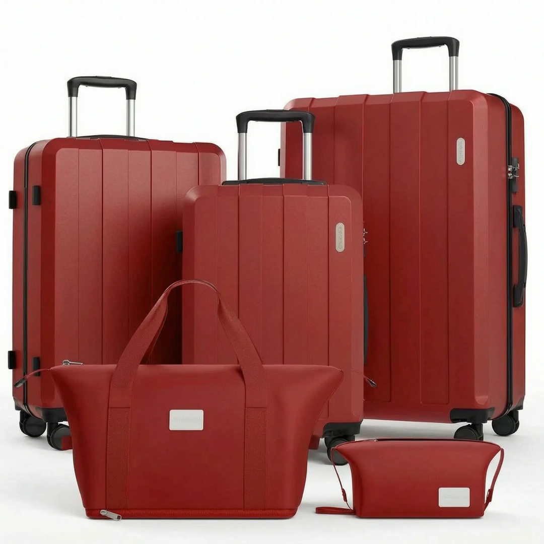 Five-piece hard shell luggage set, complete with durable spinner wheel suitcases for all your travel needs.