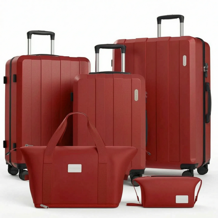 Five-piece hard shell luggage set, complete with durable spinner wheel suitcases for all your travel needs.