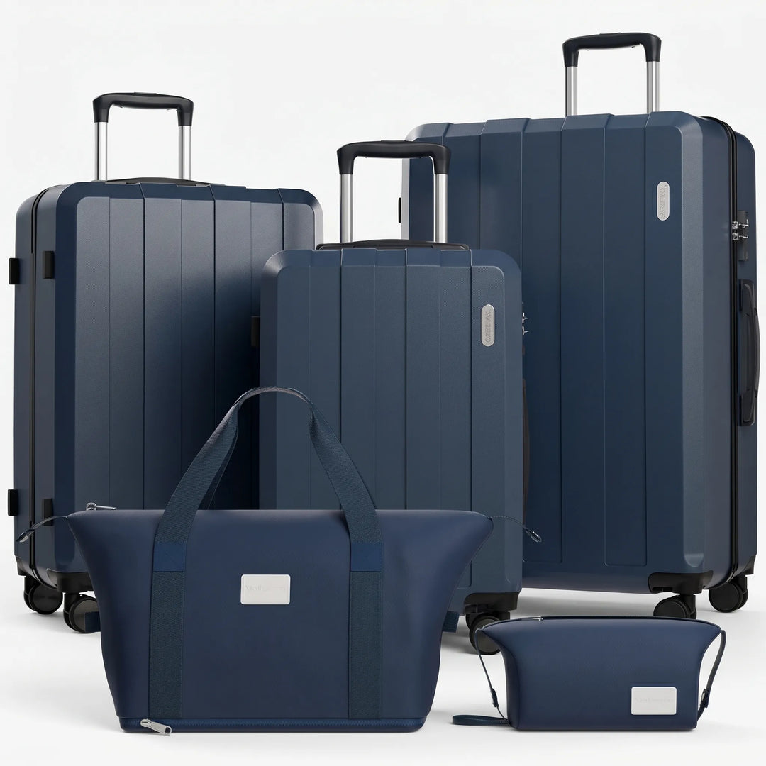 Stylish 5-piece hard shell travel suitcase set with spinner wheels, durable for any vacation or business trip.