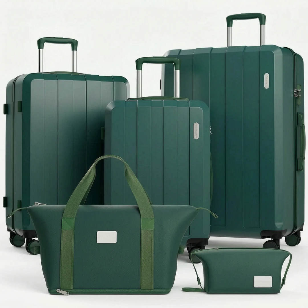 Expandable 5-piece hard shell luggage set with spinner wheels, great for family travel & vacation packing.