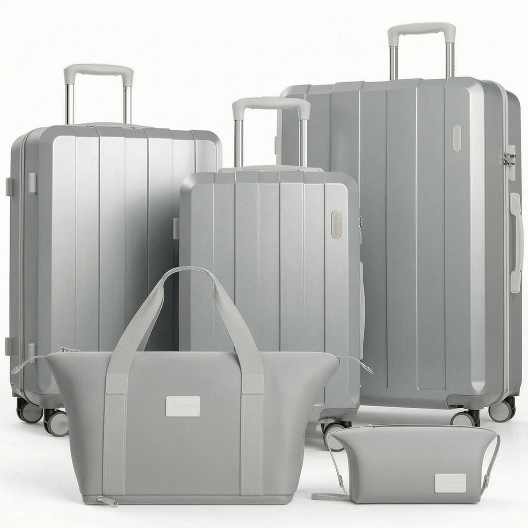 Multi-piece hard shell travel luggage set with spinner wheels, a complete solution for family trips & airports.
