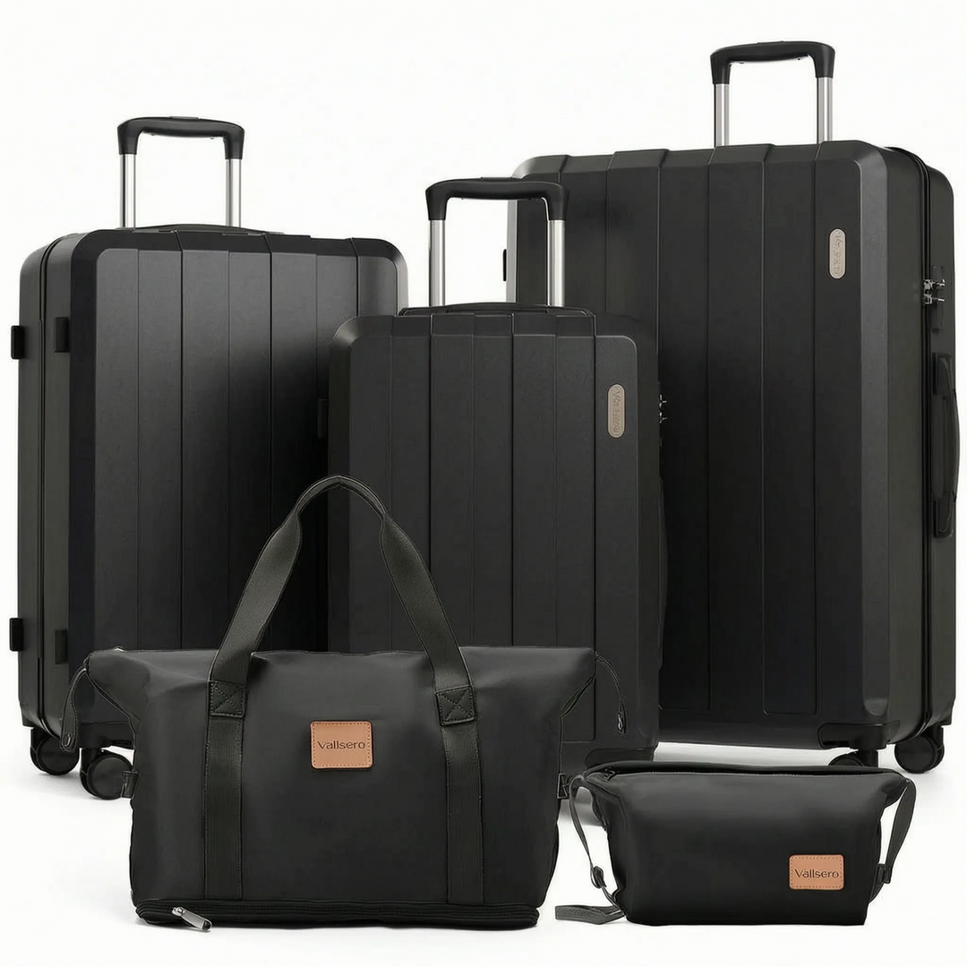 Secure 5-piece hard shell travel luggage set with spinner wheels, ensuring safe vacation packing & durability.