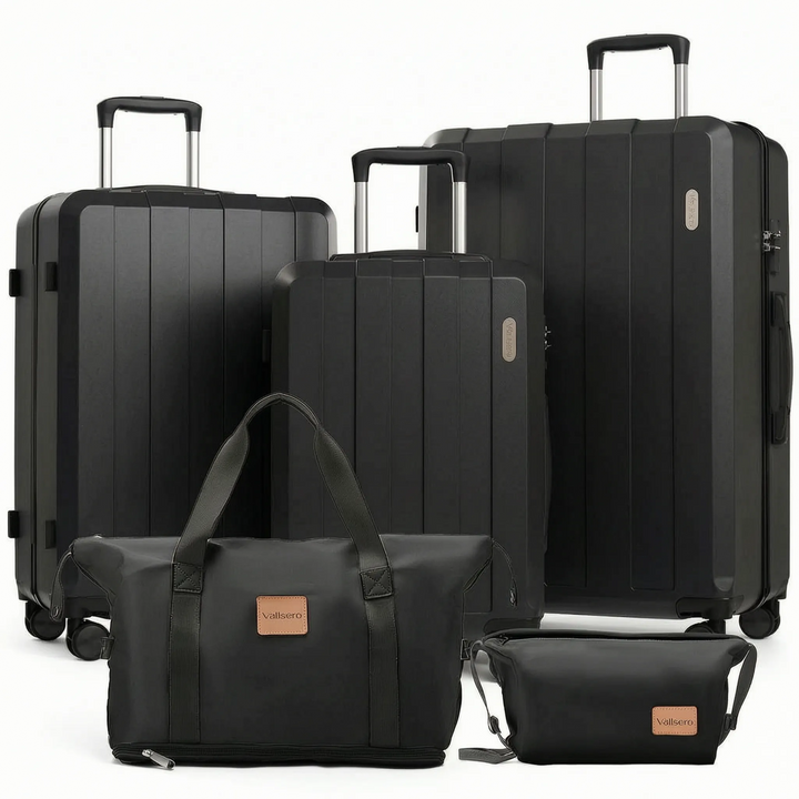 Secure 5-piece hard shell travel luggage set with spinner wheels, ensuring safe vacation packing & durability.
