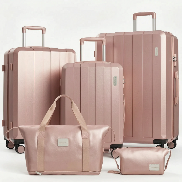5-piece hard shell travel luggage set, durable spinner wheel suitcases for family trips, airports & vacations.