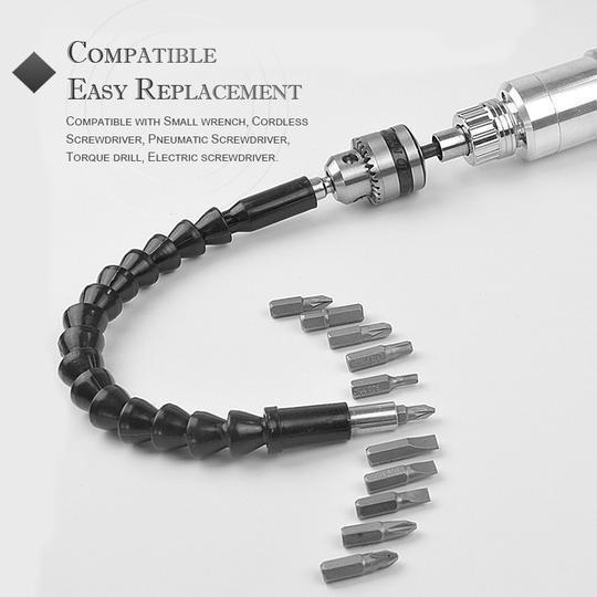 Durable flexible drill bit extension, a versatile tool accessory for awkward angles and repair tasks.