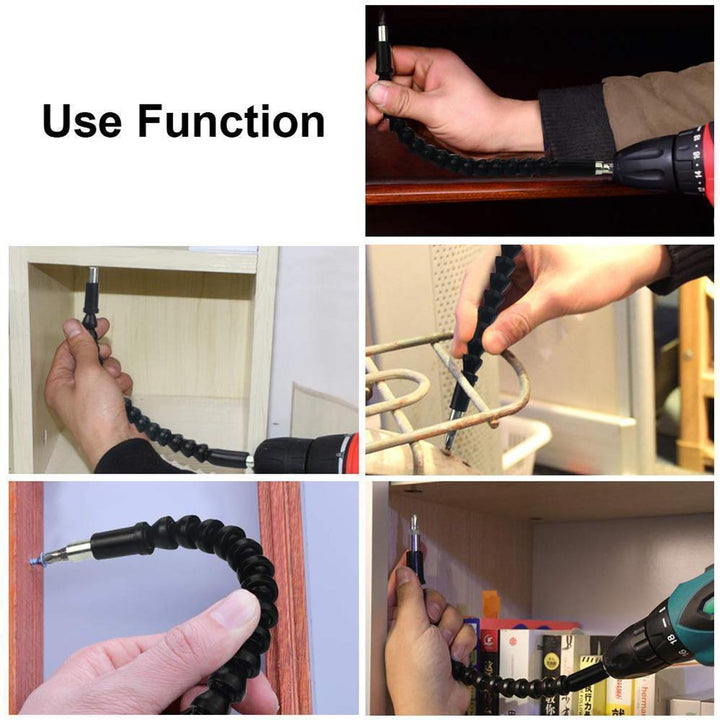 Ergonomic flexible drill bit extension for intricate repair work and tight-space access with hex bits.