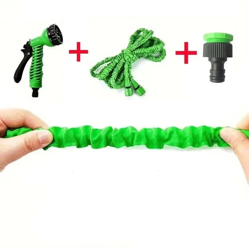 Durable expandable garden hose, versatile for watering plants, washing cars, and general outdoor cleaning.