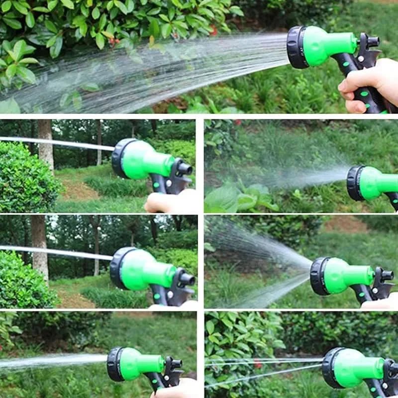 Expandable garden hose kit with spray nozzle & connectors, ideal for efficient home garden watering & cleaning.
