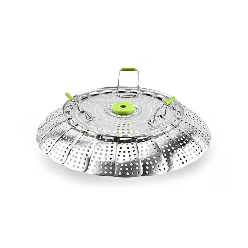 Packaging of the flower-shaped stainless steel folding steamer basket, emphasizing its features on the box