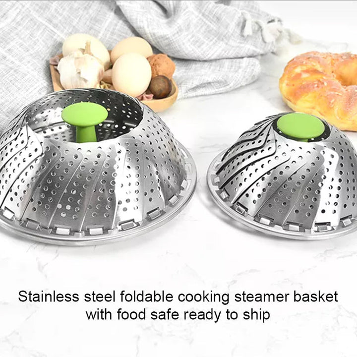 Expandable flower-shaped steamer basket made of durable stainless steel for kitchen food prep