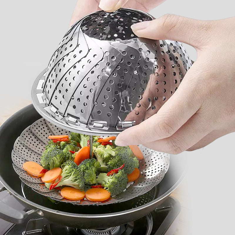 Stainless steel folding steamer basket open, showcasing its capacity for various foods, healthy cooking tool
