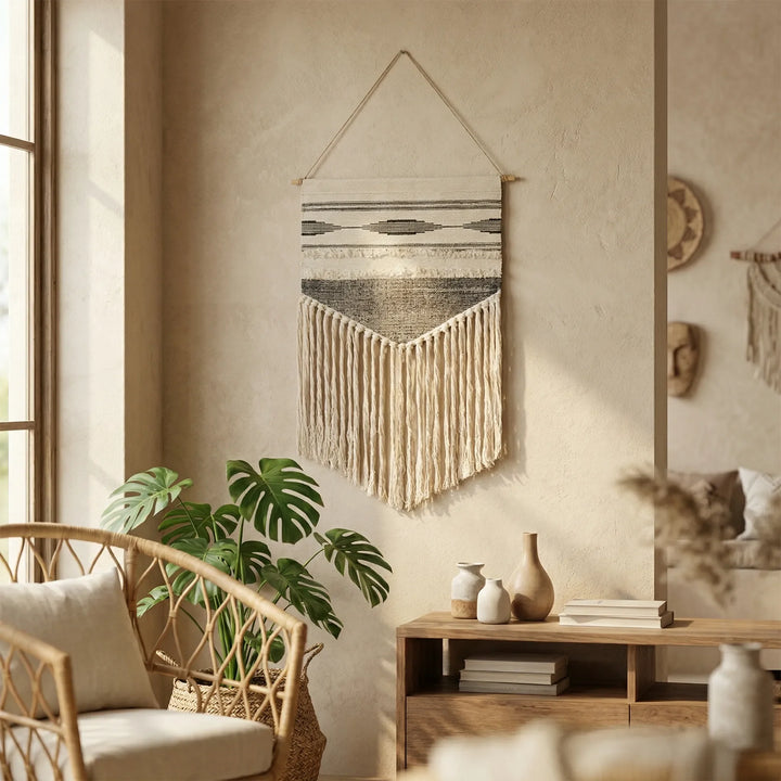 Flowique boho geometric wall hanging with fringe. Neutral textured art for modern minimalist home decor.