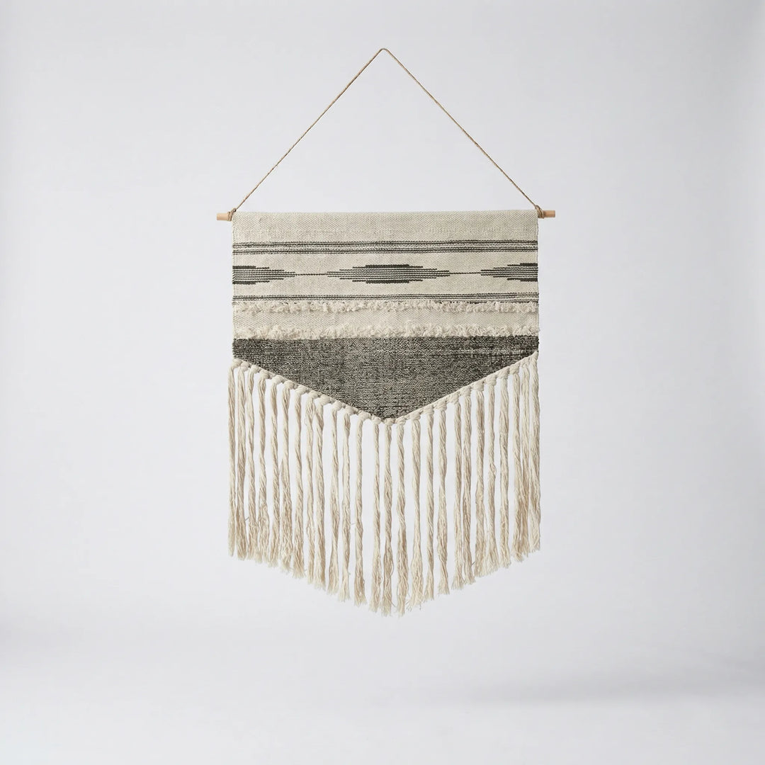 Statement Flowique wall hanging, geometric waves & fringe. Neutral modern boho art for living spaces.
