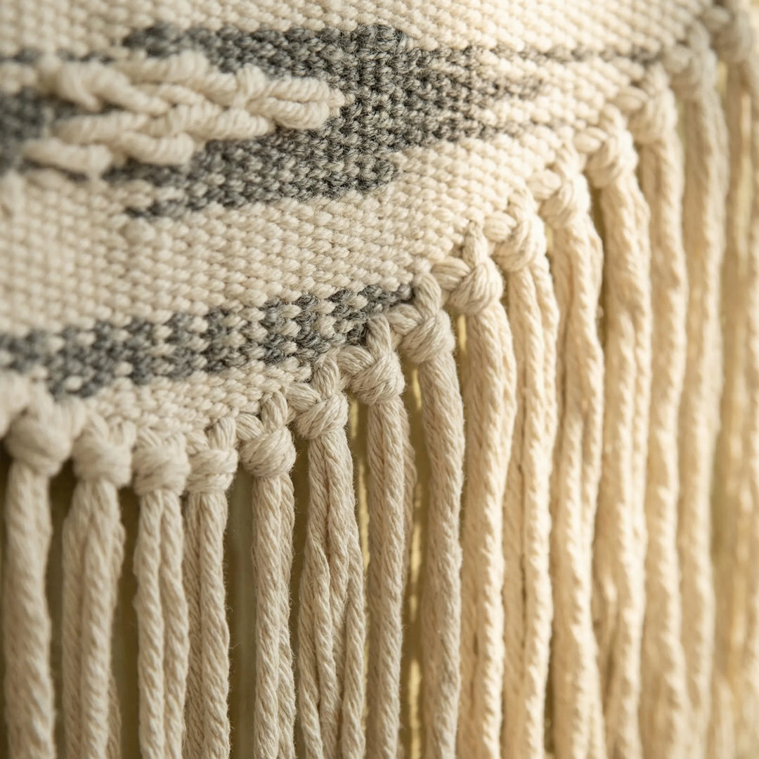 Textured boho geometric wall art with fringe. Flowique design, neutral tones for minimalist home decor.