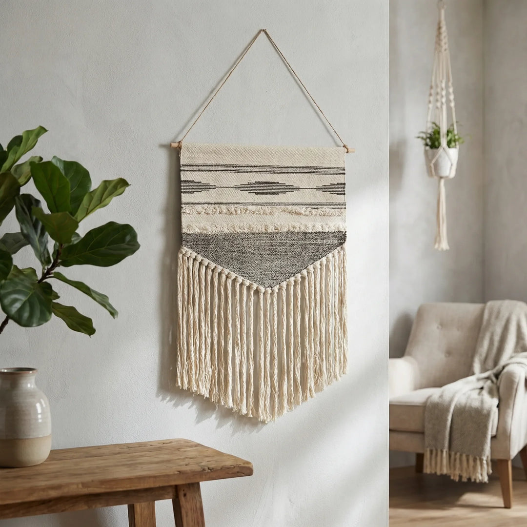 Modern boho wall decor: Flowique geometric wall hanging with fringe. Neutral textured art for a stylish home.
