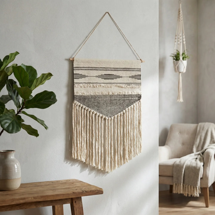 Modern boho wall decor: Flowique geometric wall hanging with fringe. Neutral textured art for a stylish home.