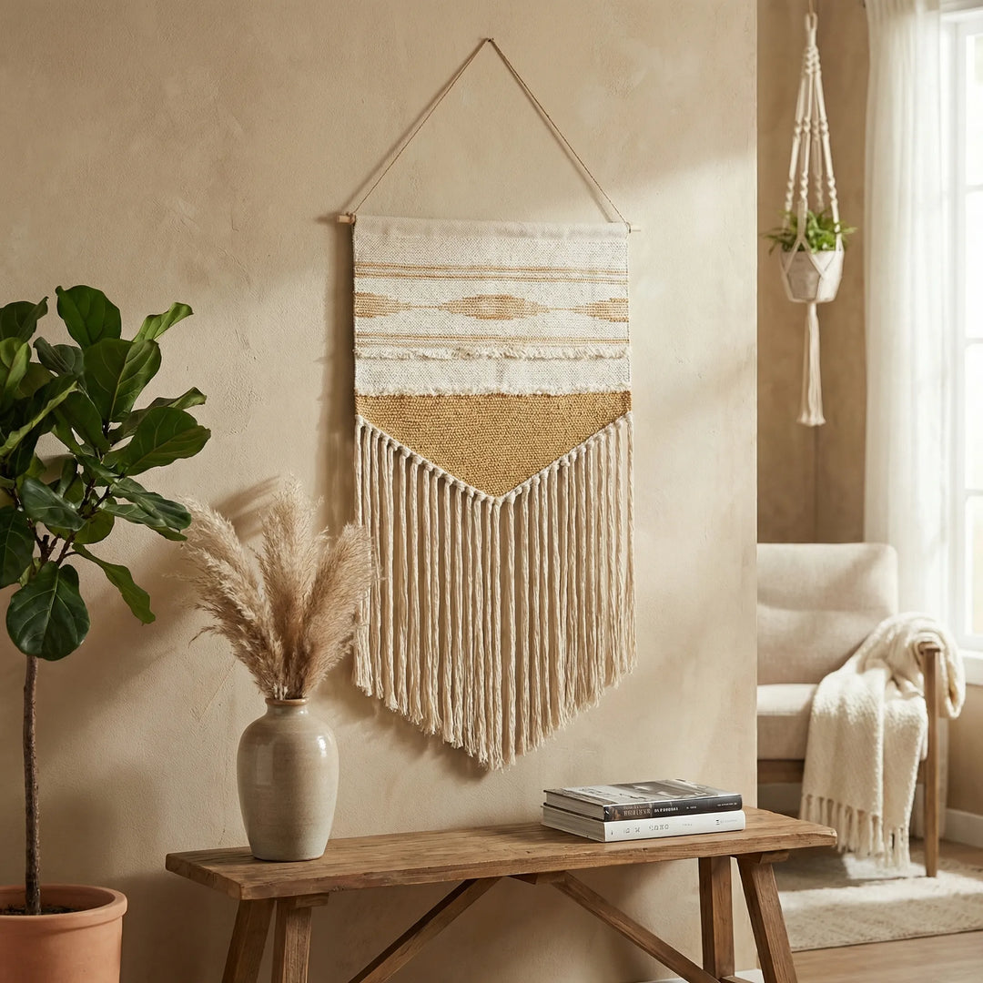 Flowique geometric wall hanging, textured waves & fringe. Neutral boho home decor, perfect for modern interiors.