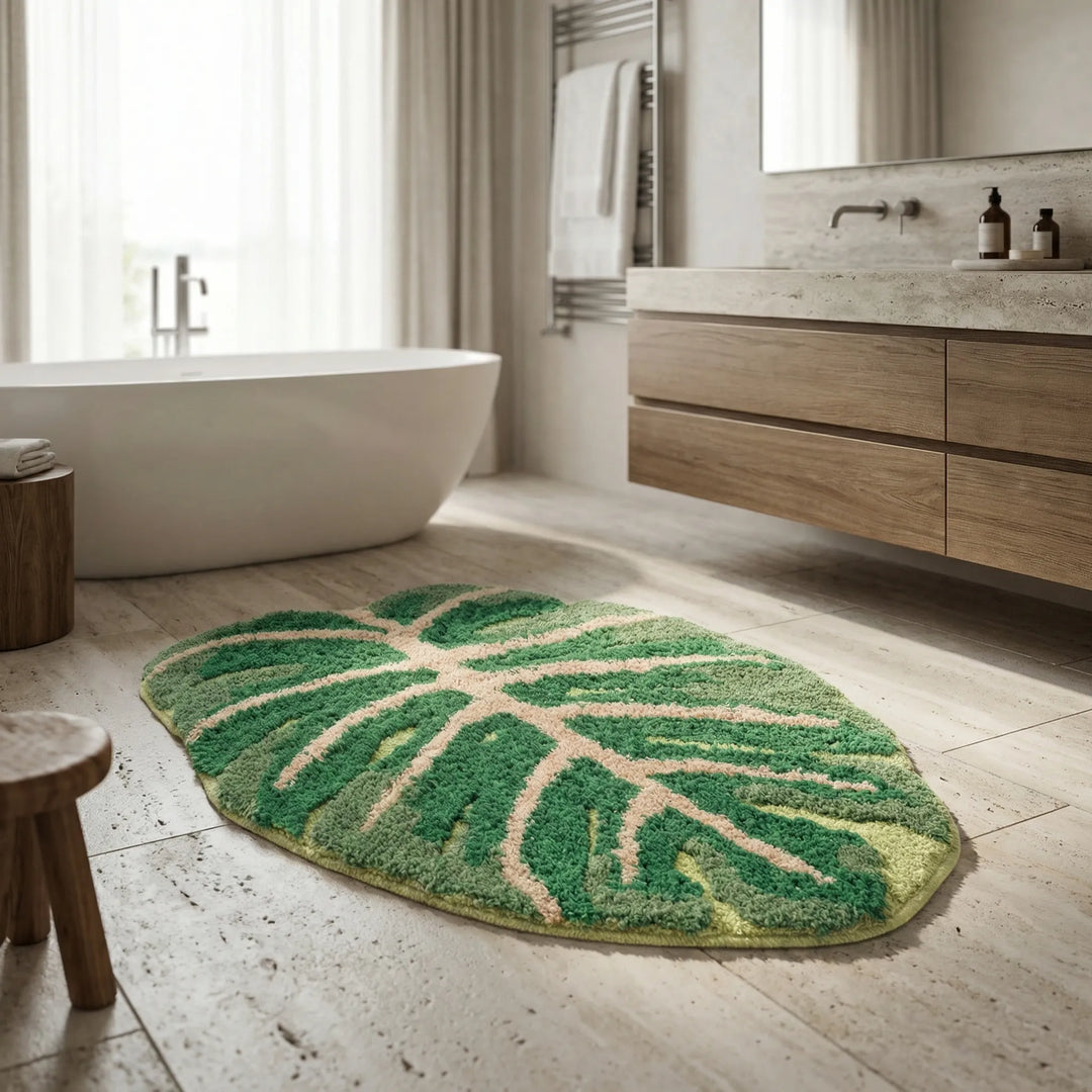 Flowique decorative leaf area rug with waves; botanical green indoor statement rug for living room.