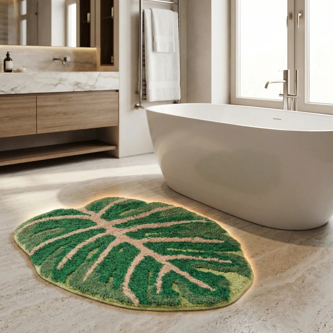 Statement green leaf area rug with wave design; washable botanical floor mat for modern living room decor.