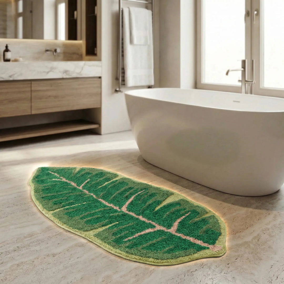 Decorative green leaf area rug, non-slip botanical mat for living rooms & bathrooms; nature-inspired floor decor.