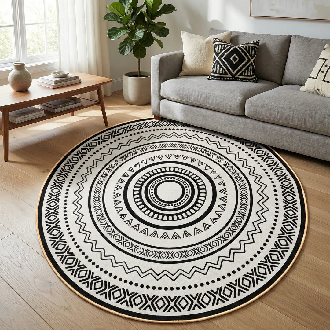 Flowique round geometric area rug with modern wave pattern, perfect for living room floor decor.