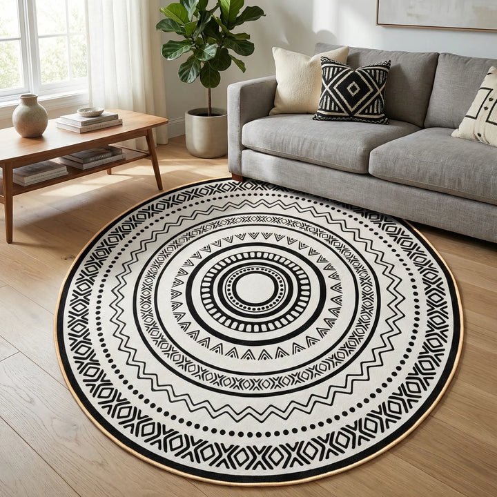 Flowique round geometric area rug with modern wave pattern, perfect for living room floor decor.