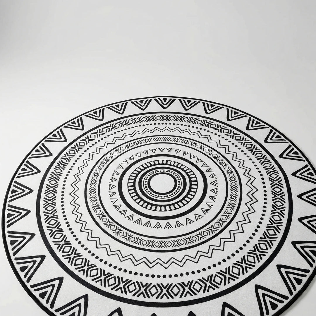 Modern Flowique round geometric area rug for contemporary living rooms & bedrooms, adds stylish floor decor.