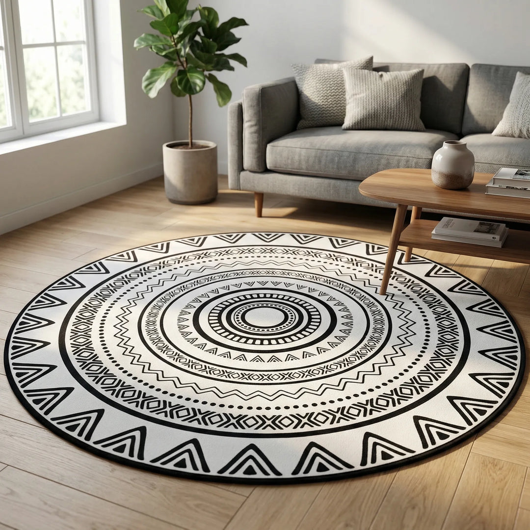 Elegant round geometric Flowique area rug, featuring a unique wave pattern for modern home floor decor.