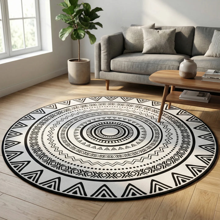 Elegant round geometric Flowique area rug, featuring a unique wave pattern for modern home floor decor.
