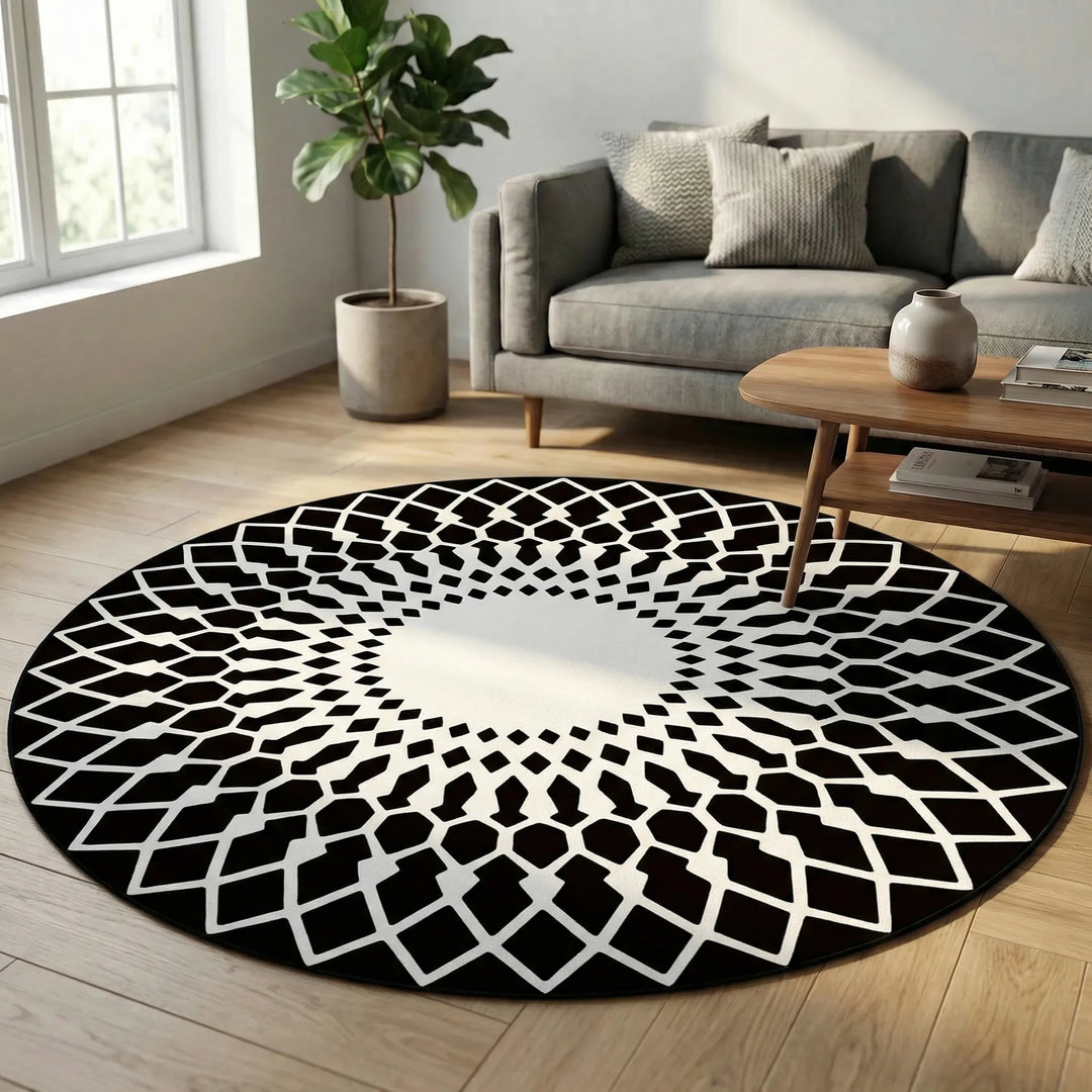 Soft modern round geometric area rug with Flowique wave pattern. Ideal washable floor decor for any room.