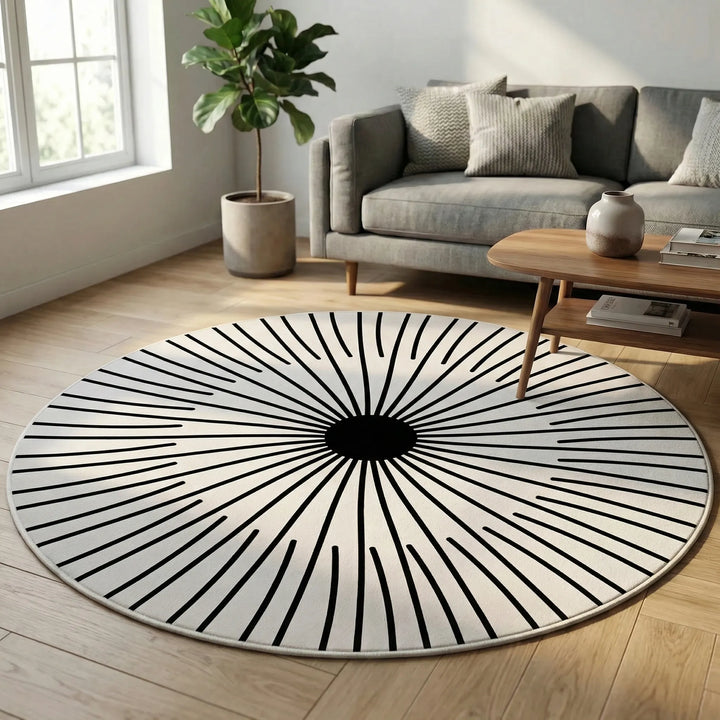 Statement Flowique round geometric area rug, an eye-catching modern wave pattern for stylish home floor decor.