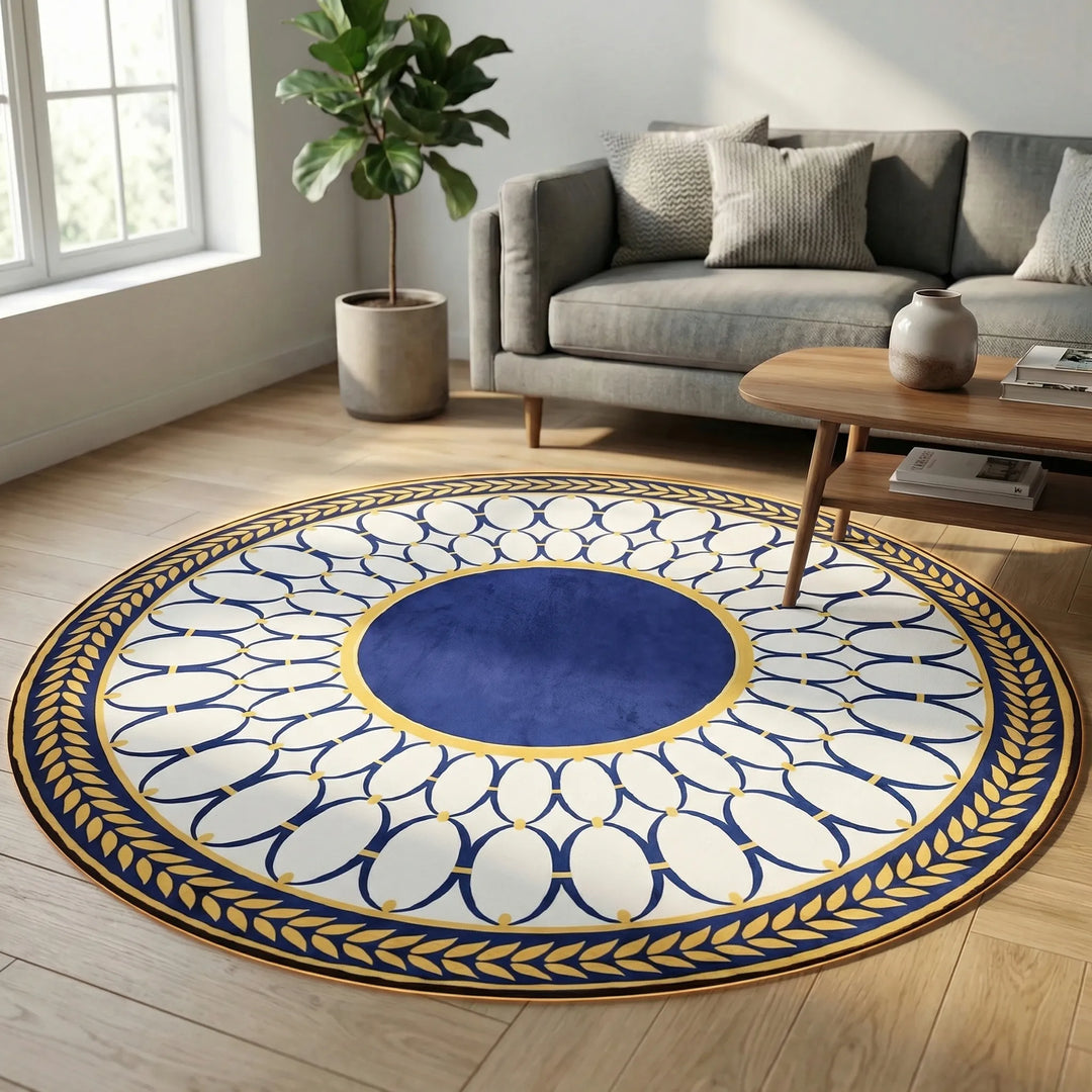 Contemporary round geometric rug with Flowique wave pattern, ideal modern accent for bedroom & living room floors.