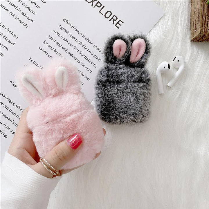 Soft pink earbud case, cruelty-free fluffy protective cover, accessory with keychain