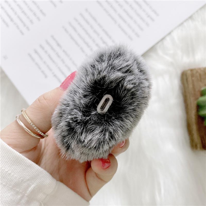 Unisex pink fluffy earbud case, full view, protective cover with keychain attachment