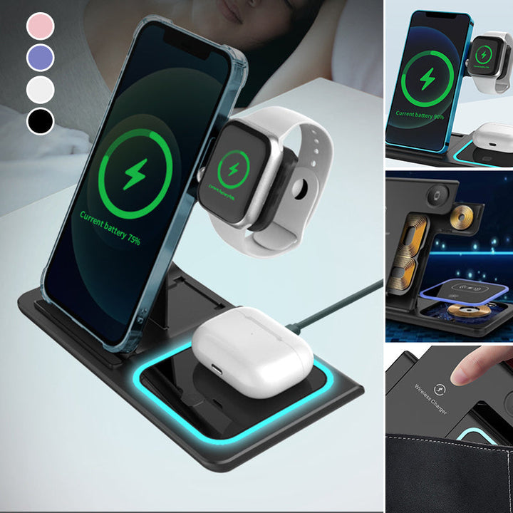 Foldable 3-in-1 wireless charging station for phone, smartwatch & earbuds, portable tech accessory