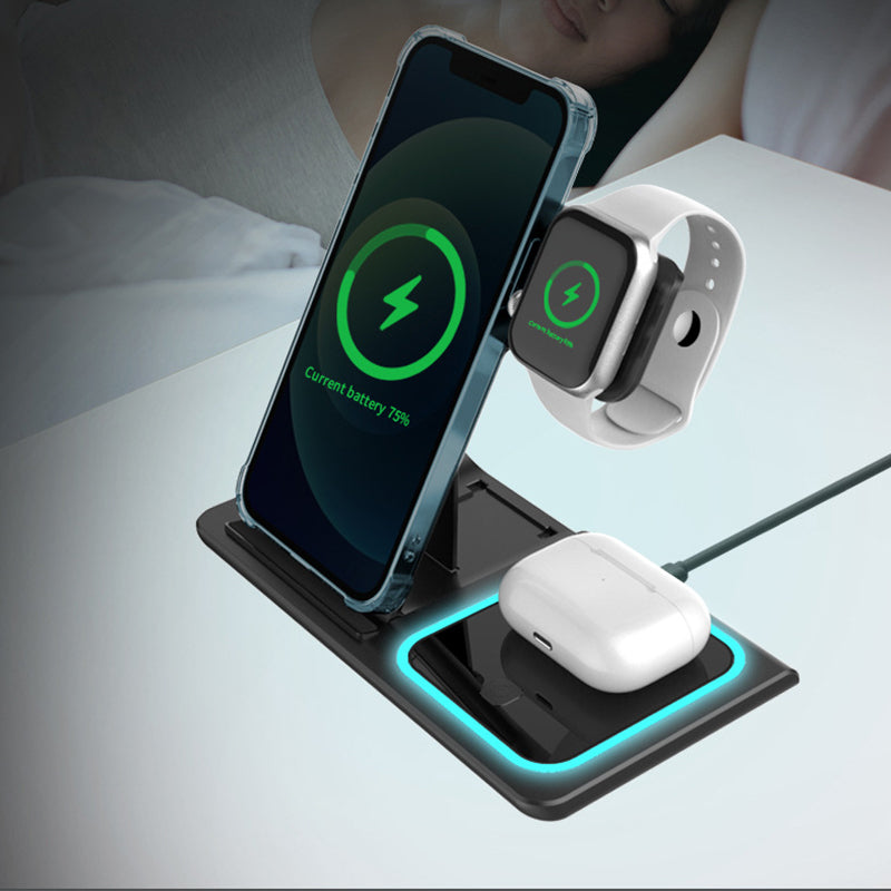Product packaging for the 3-in-1 foldable wireless charging station, highlighting its features