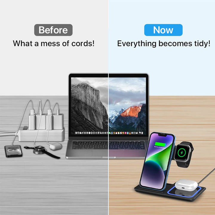 Detail shot of a 3-in-1 wireless charging station's charging pads for various electronic devices