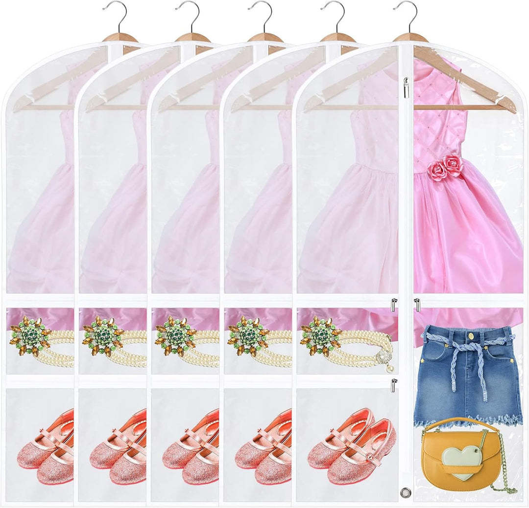 Foldable garment bags (5-pack) for dance costumes & travel. Zipped accessory pockets keep essentials secure.