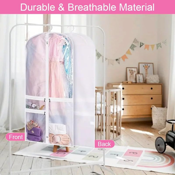 Foldable dance costume bags, 5-pack, with secure zipped pockets for shoes, accessories & costume protection.