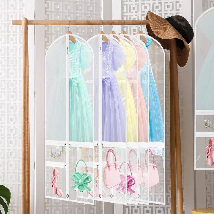5-pack clear garment bags with zipped pockets for suits, dresses, & dance costumes, perfect for travel.