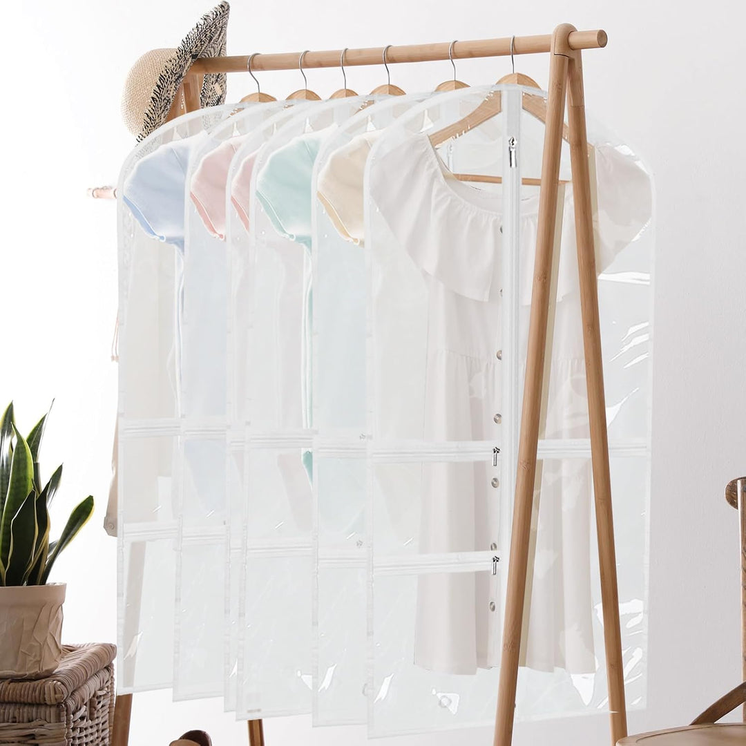 Space-saving 5-pack foldable garment bags for travel. Zipped pockets keep essentials secure & organized.